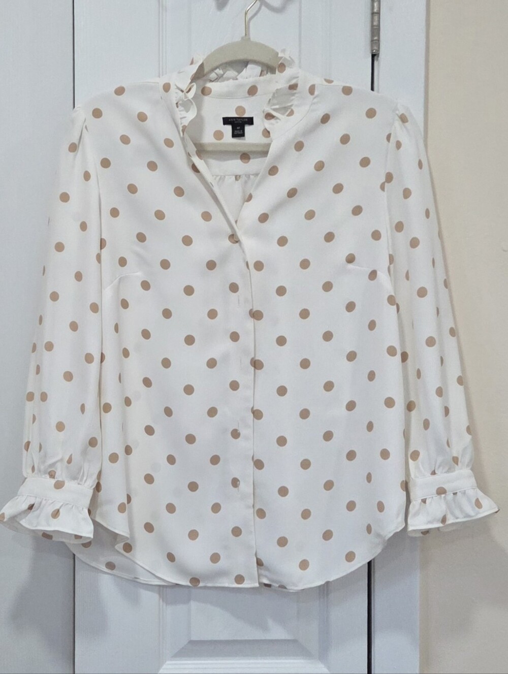 Ann Taylor Petite White Blouse with Beige Polka Dots and Ruffle Collar